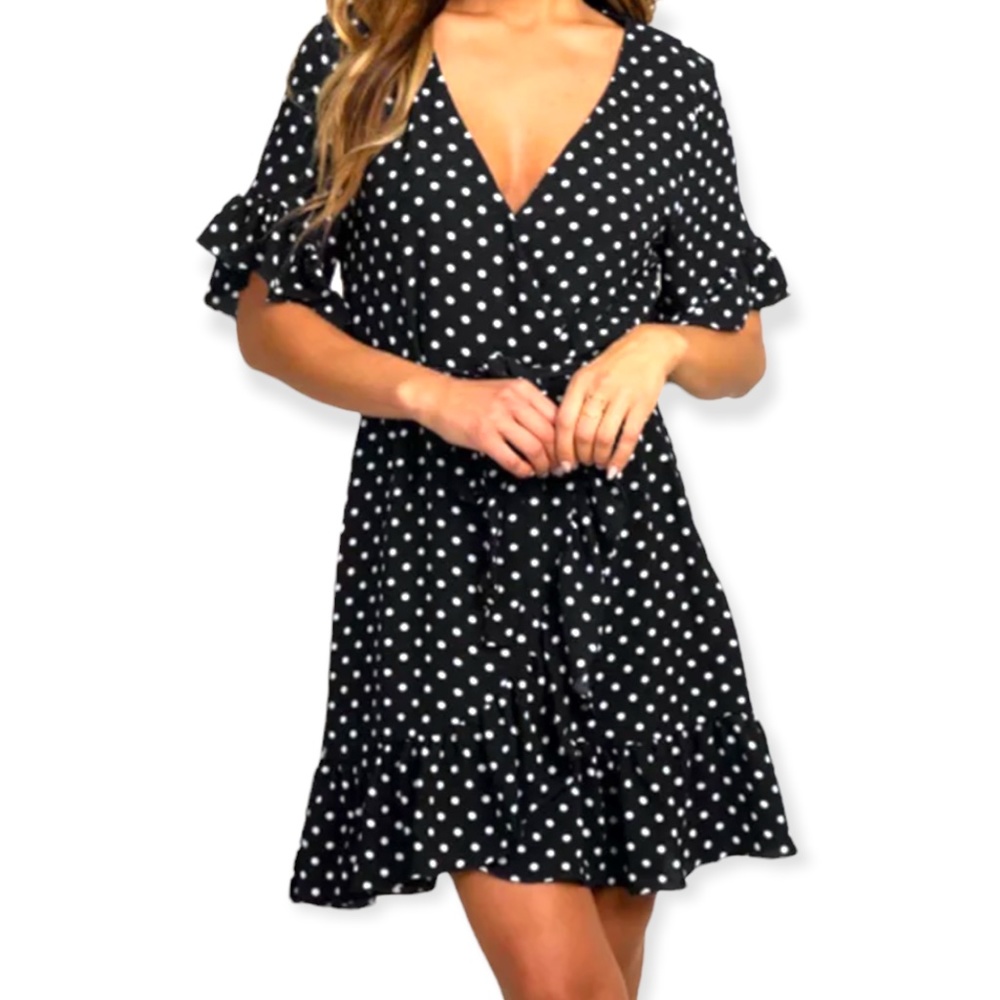 Navy blue polka dot v neck dress